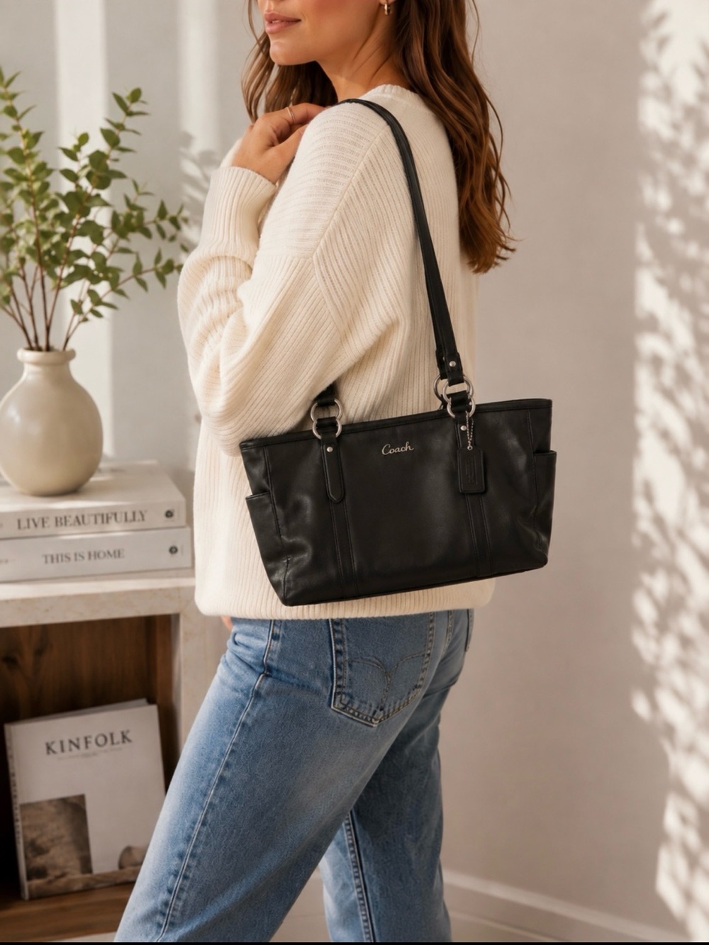 Coach Gallery East West Black Leather Zip Tote Bag Silver Hardware